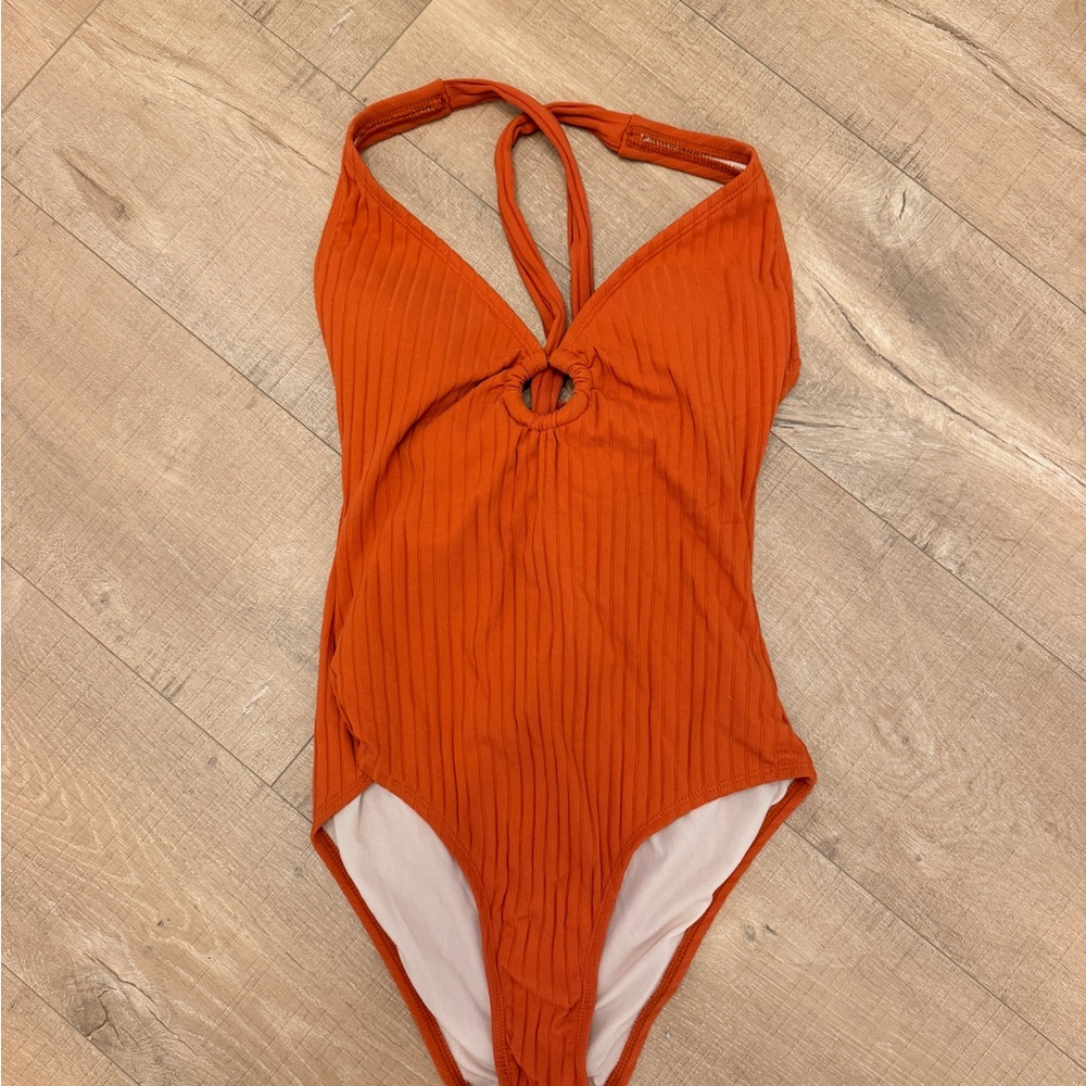 Target Orange Ribbed One-Piece Swimsuit with Front Ring Detail